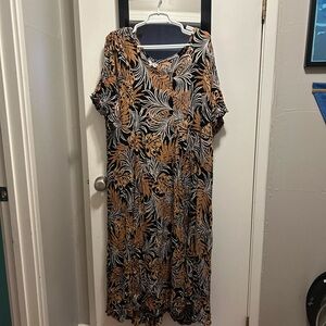 Vintage Tropical Monstera Casual Maxi Sundress Caftan Flutter Sleeves 90s 2X